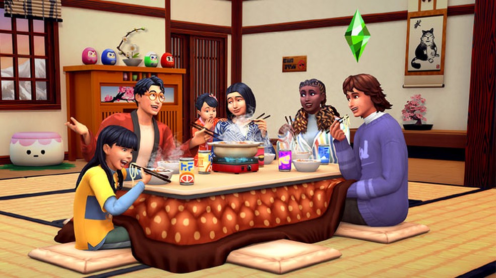 The Sims 4: Diversão na Neve traz vários itens de temática japonesa, como a clássica mesa Kotatsu — Foto: Divulgação/Electronic Arts