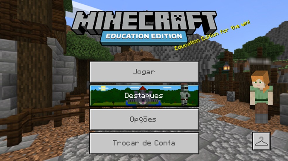 O menu do Minecraft Education Edition é bastante simples e intuitivo, muito semelhante ao menu do jogo original, Minecraft — Foto: Reprodução/Nalu Dias