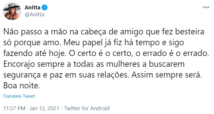 Anitta se pronuncia sobre o caso Duda Reis e Nego do Borel: "Não passo a mão na cabeça" (Foto: Reprodução/Twitter)