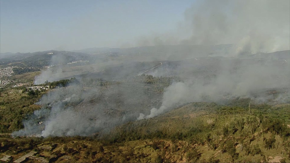 Incêndio no Parque Estadual do Juquery, em Franco da Rocha, na Grande São Paulo. — Foto: Reprodução/TV Globo