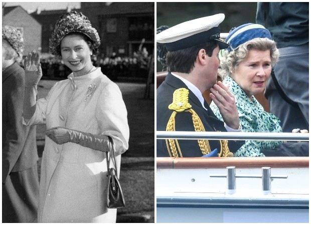 Rainha Elizabeth em 1961 e Imelda Staunton (Foto: Getty Images)