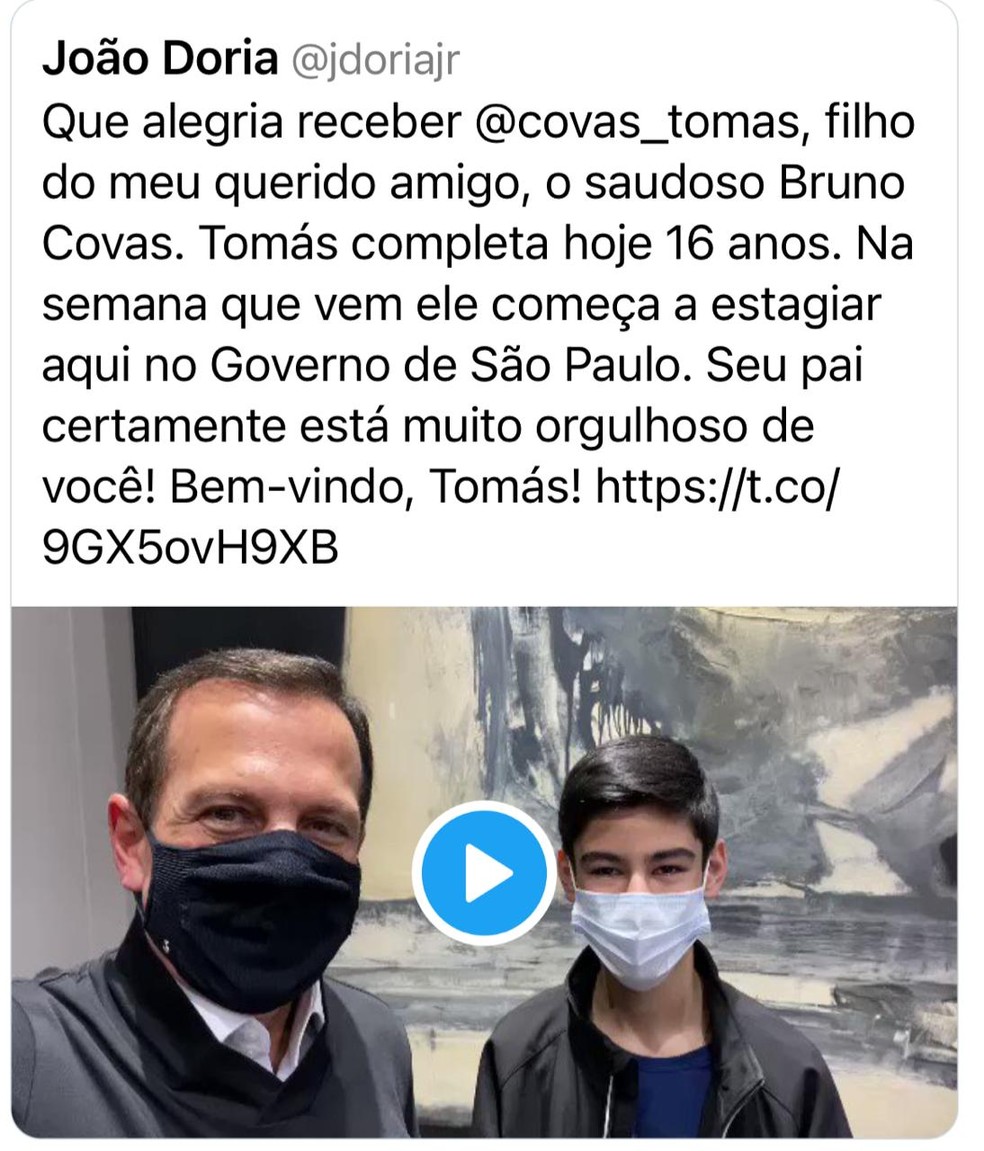 Doria anuncia contratação de Tomás Covas como estagiário no Palácio dos Bandeirantes — Foto: Reprodução