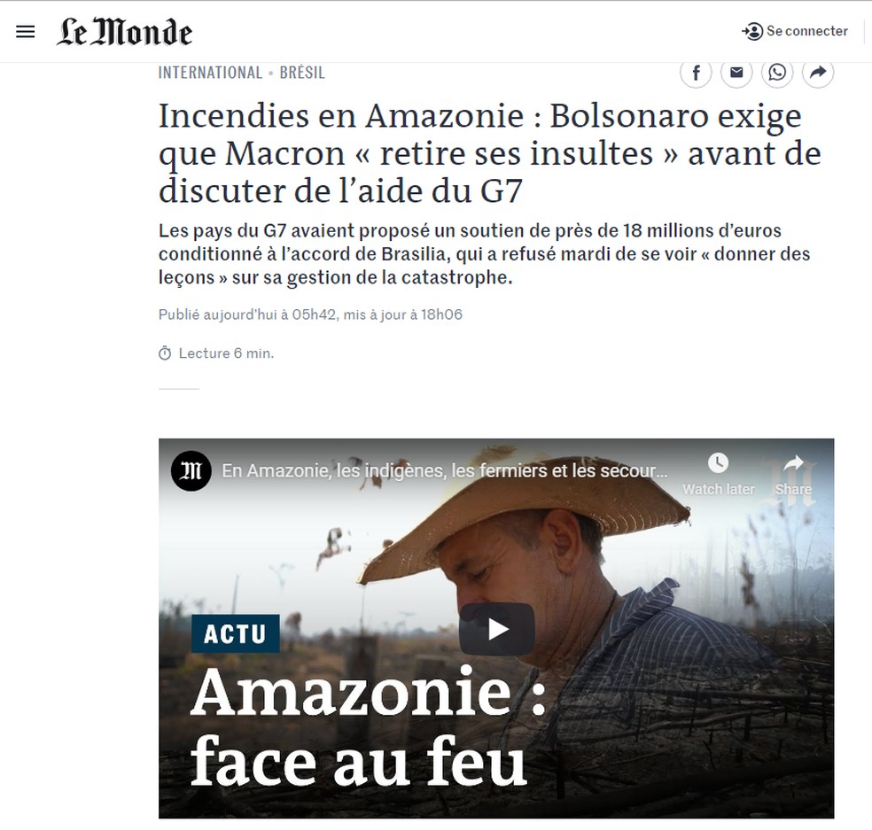 Repercussão do jornal'Le Monde' desta terça-feira (27). — Foto: Reprodução/Le Monde