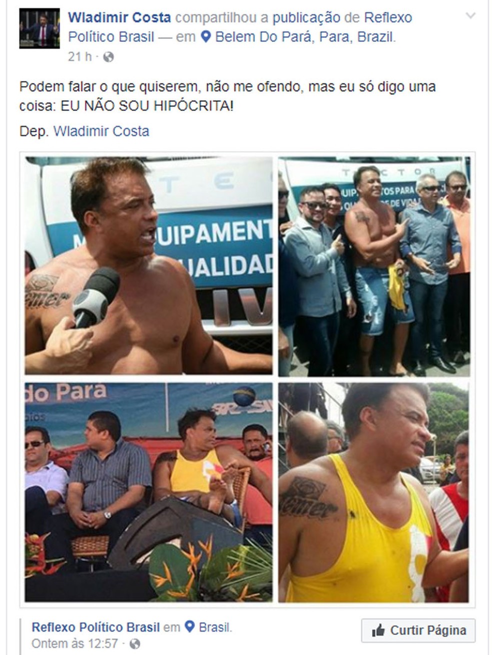 Imagens na página do deputado Wladimir Costa no Facebook em que aparece com a inscrição "Temer" tatuada no ombro  — Foto: Foto: Reprodução / Facebook