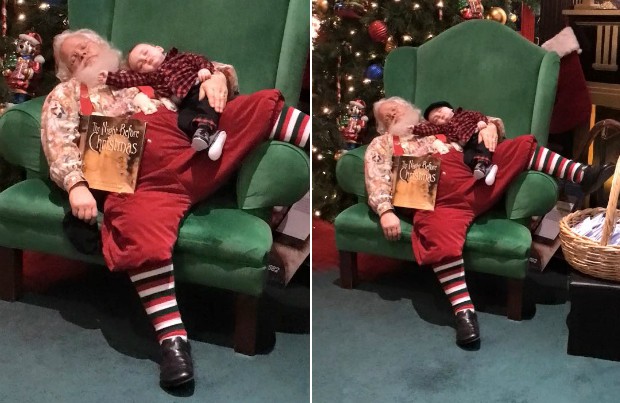 Bebê dorme na fila de shopping e Papai Noel tira foto que se tornou viral (Foto: Reprodução/Facebook)