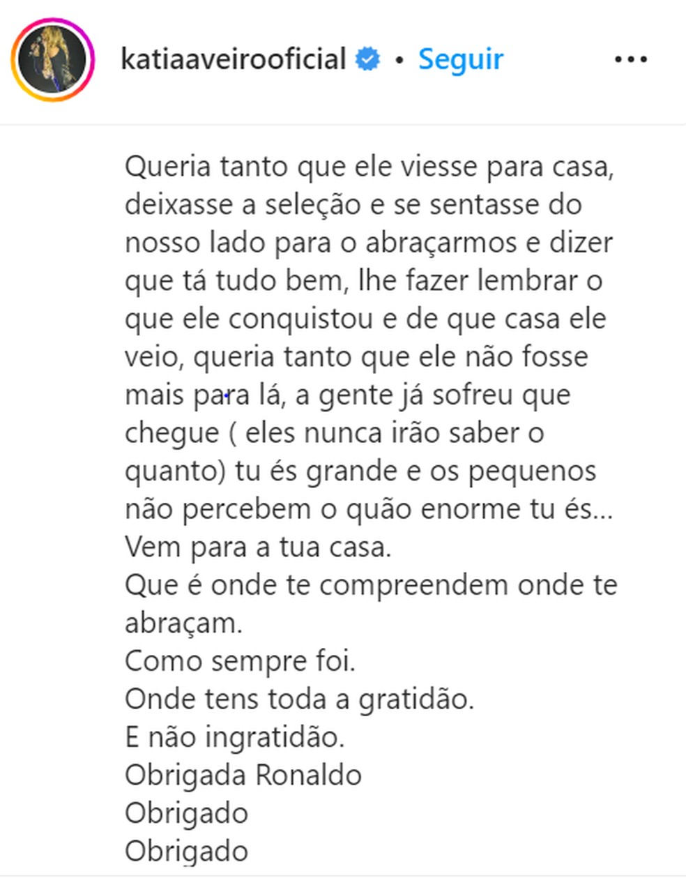 Kátia Aveiro em postagem no Instagram sobre Cristiano Ronaldo — Foto: Reprodução/Instagram