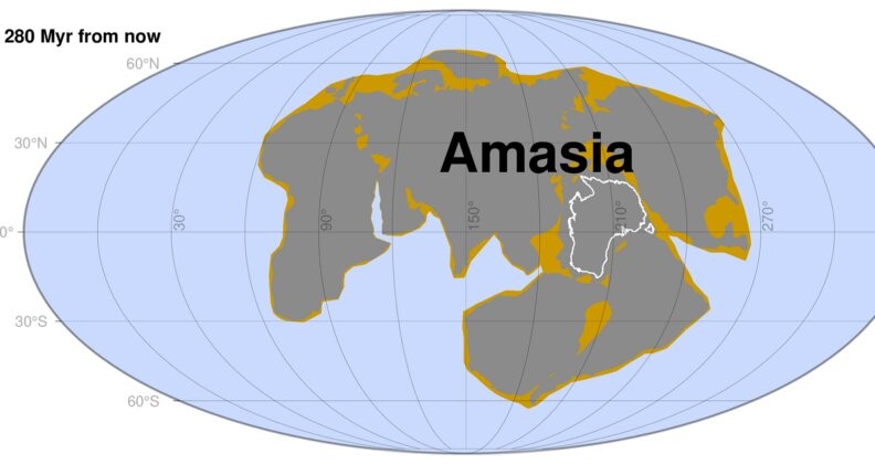 Possível configuração do supercontinente Amásia daqui a 280 milhões de anos  (Foto: Curtin University)