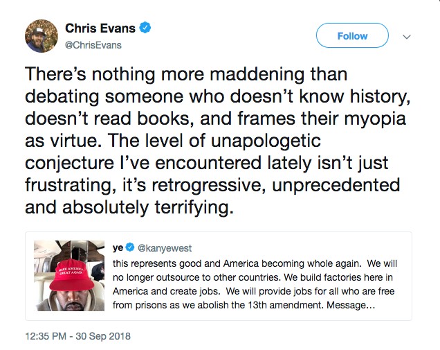 O post do ator Chris Evans com críticas a Kanye West e Donald Trump (Foto: Twitter)