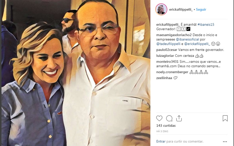 Publicação de Ericka Filippelli ao lado do governador eleito do DF, Ibaneis Rocha (MDB), em rede social — Foto: Instagram/Reprodução