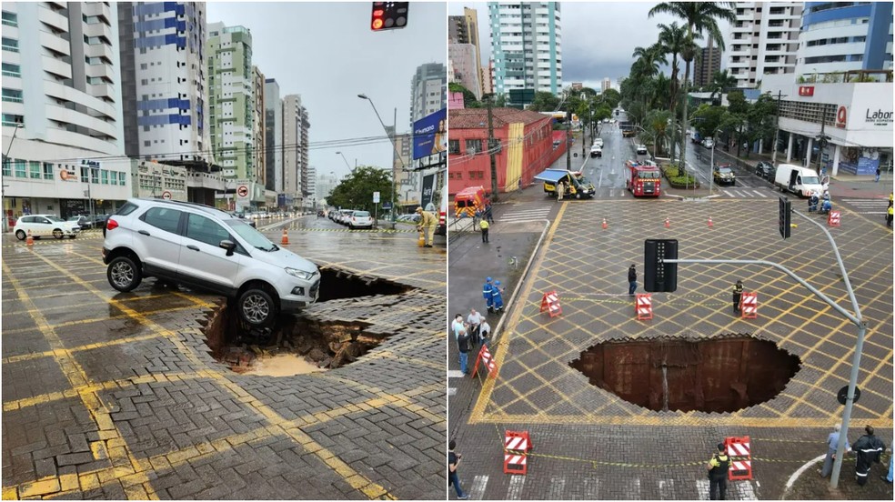 VÍDEO: Cratera se abre em avenida de Maringá e carro fica pendurado — Foto: Reprodução