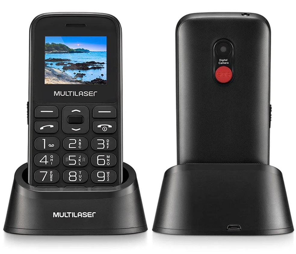 Multilaser Vita P9121 conta com recursos como botão SOS abaixo da câmera e base carregadora — Foto: Divulgação/Multilaser