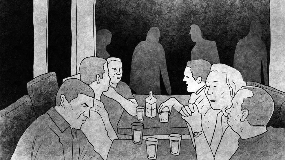 Em um bar, eles se encontraram com outro investigado na trama. A noite foi regada à bebidas e Queiroz vomitou três vezes — Foto: Ilustração Andre Mello