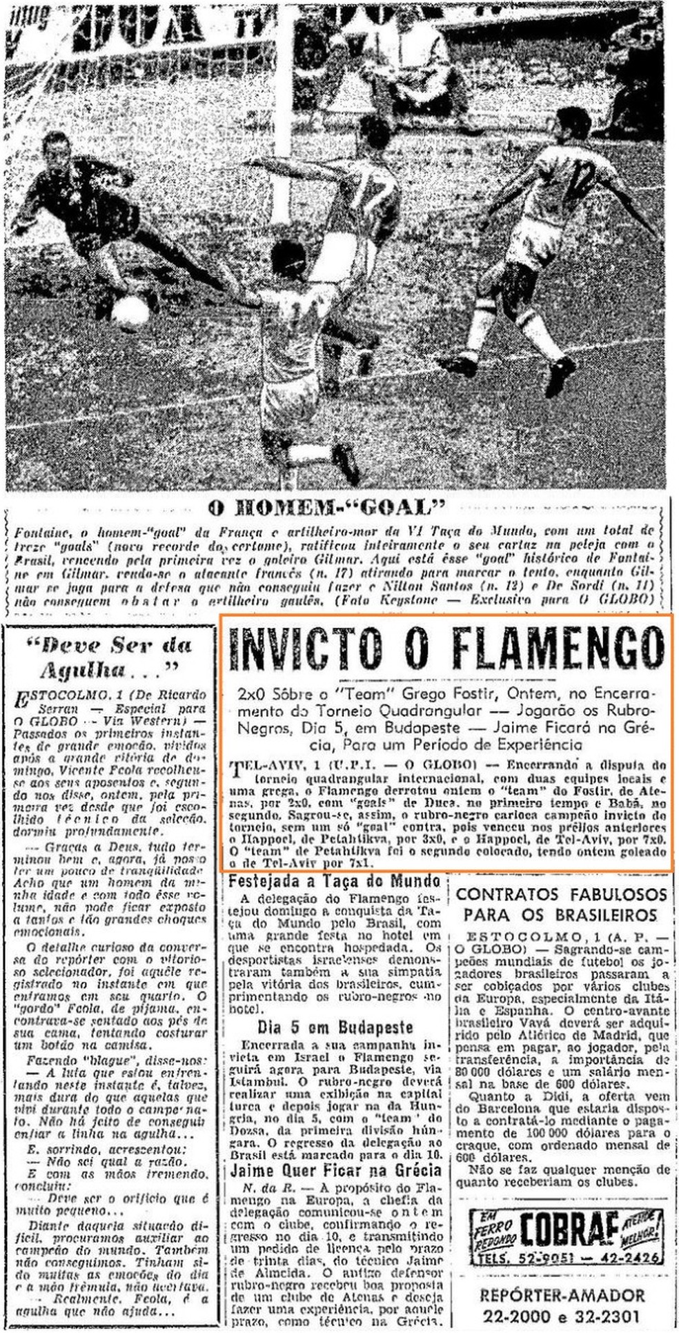 Jogos do Fla em Israel foram durante o primeiro título mundial do Brasil — Foto: Reprodução / Jornal O Globo