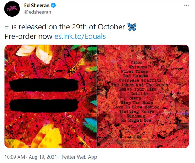 Publicação de Ed Sheeran sobre novo álbum (Foto: Reprodução/Twitter)