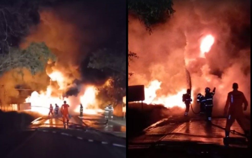 Carretas pegam fogo após batida na BR-415, no sul da Bahia — Foto: Reprodução/Redes Sociais