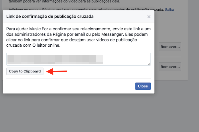 Opção para copiar o link com convite para publicações cruzadas entre páginas do Facebook para a área de transferência do computador (Foto: Reprodução/Marvin Costa)