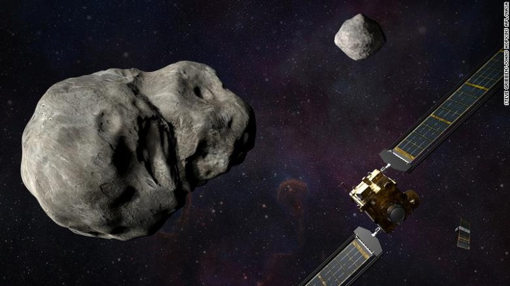 Ilustração mostra sistema de asteroides ao lado da sonda da missão DART, com previsão de lançamento para novembro desde ano — Foto: Johns Hopkins/Nasa