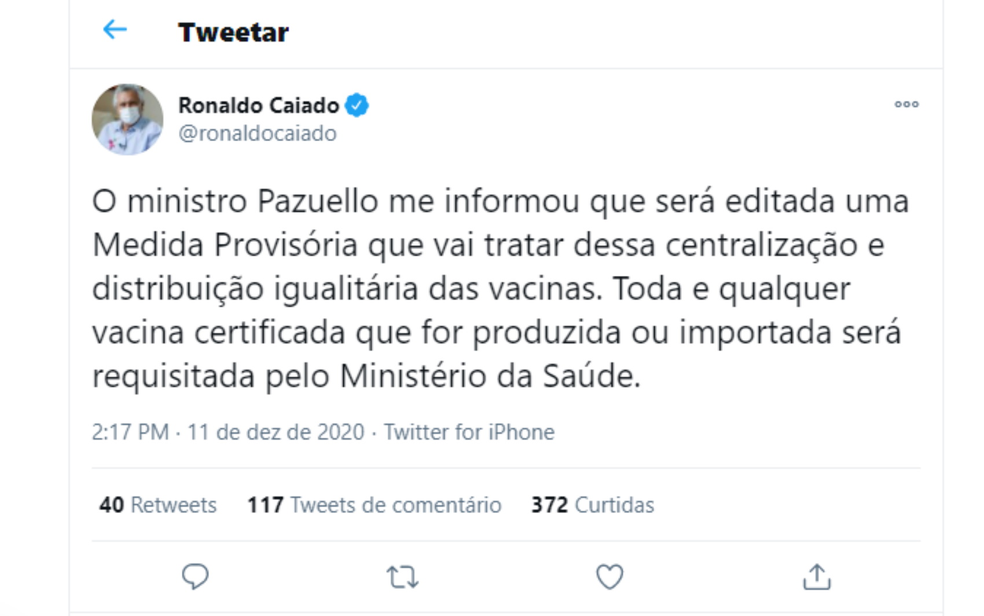 Publicação do governador de Goiás Ronaldo Caiado (DEM) após visita de Eduardo Pazuello a Goiânia — Foto: Reprodução/Twitter