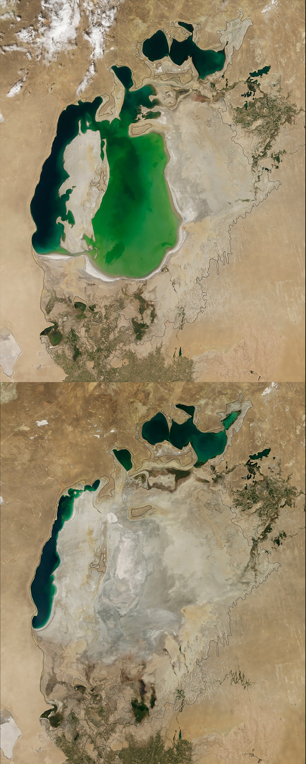 Encolhimento do Mar de Aral, na Ásia Central — Foto: NASA