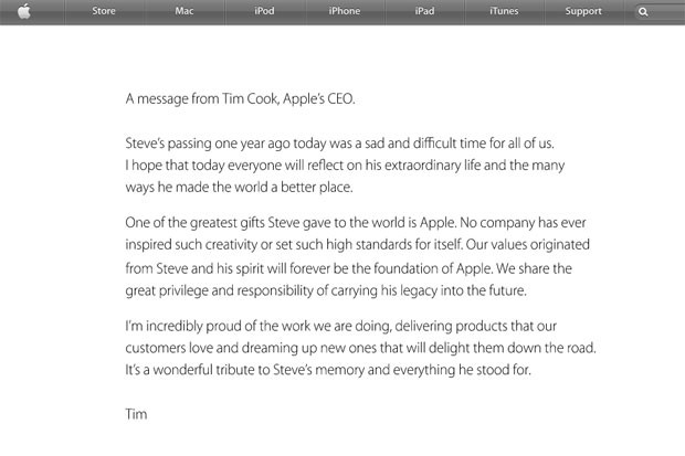 Carta de Tim Cook em homenagem a Jobs foi publicada no site da Apple (Foto: Reprodução)