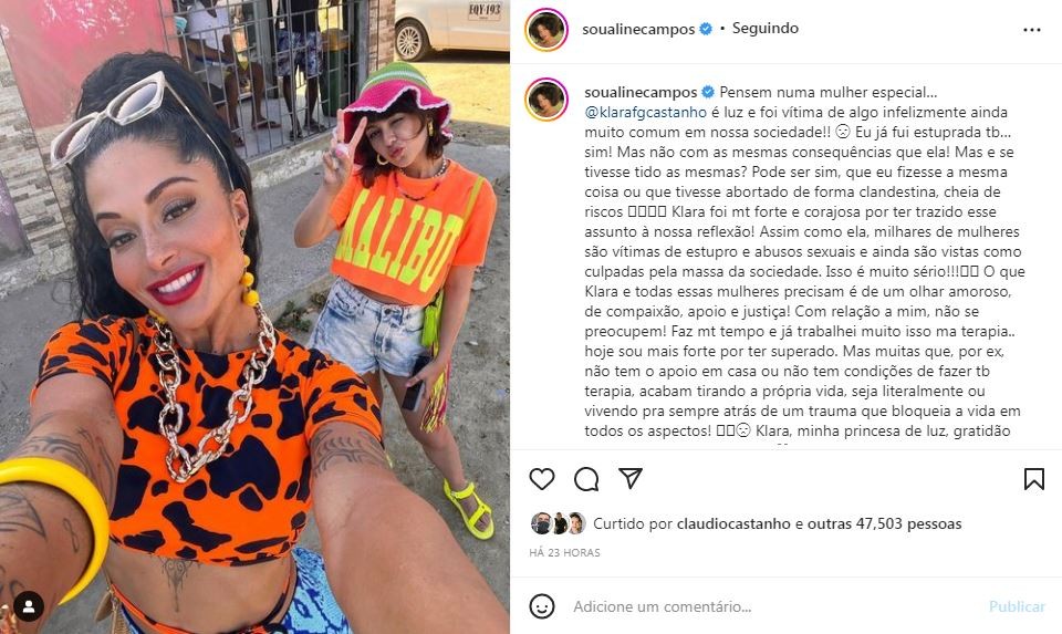 Aline Campos falou sobre o caso de Klara Castanho e revela que também sofreu estupro (Foto: Reprodução / Instagram)