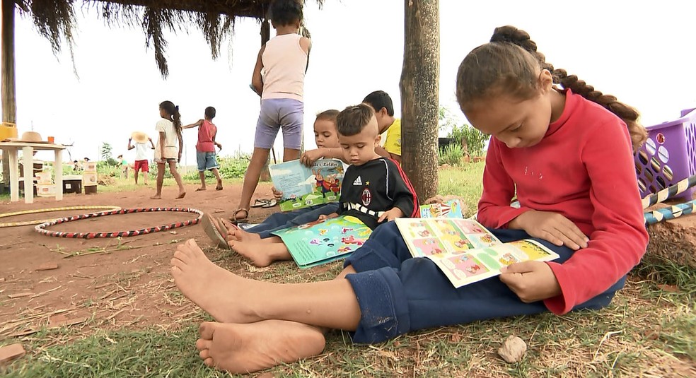 CrianÃ§as podem ler e pegar livros emprestados em horta comunitÃ¡ria de Araraquara (Foto: Felipe Lazzarotto/EPTV)