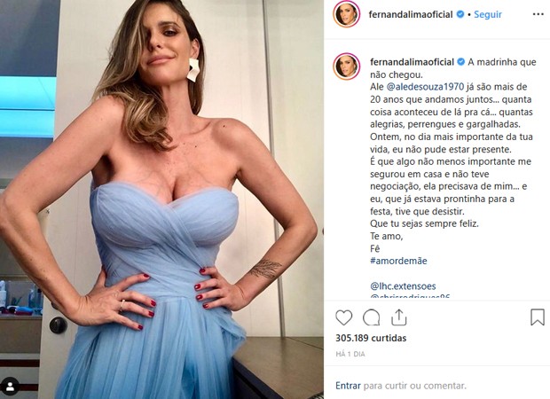 Fernanda Lima lamenta ausência no casamento de Ale de Souza com Rodrigo Shimoto  (Foto: Reprodução/Instagram)
