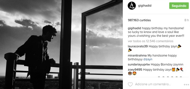 Gigi Hadid parabeniza o namorado, Zayn Malik, no aniversário de 24 anos (Foto: Reprodução/Instagram)