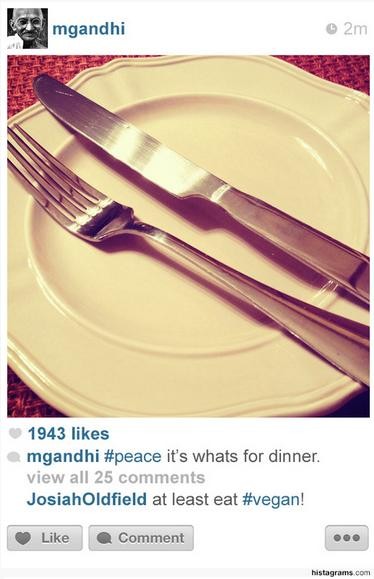 Ao invés da foto de um prato de comida, um dos clichês do Instagram, Mahatma Gandhi teria postado um prato vazio. 