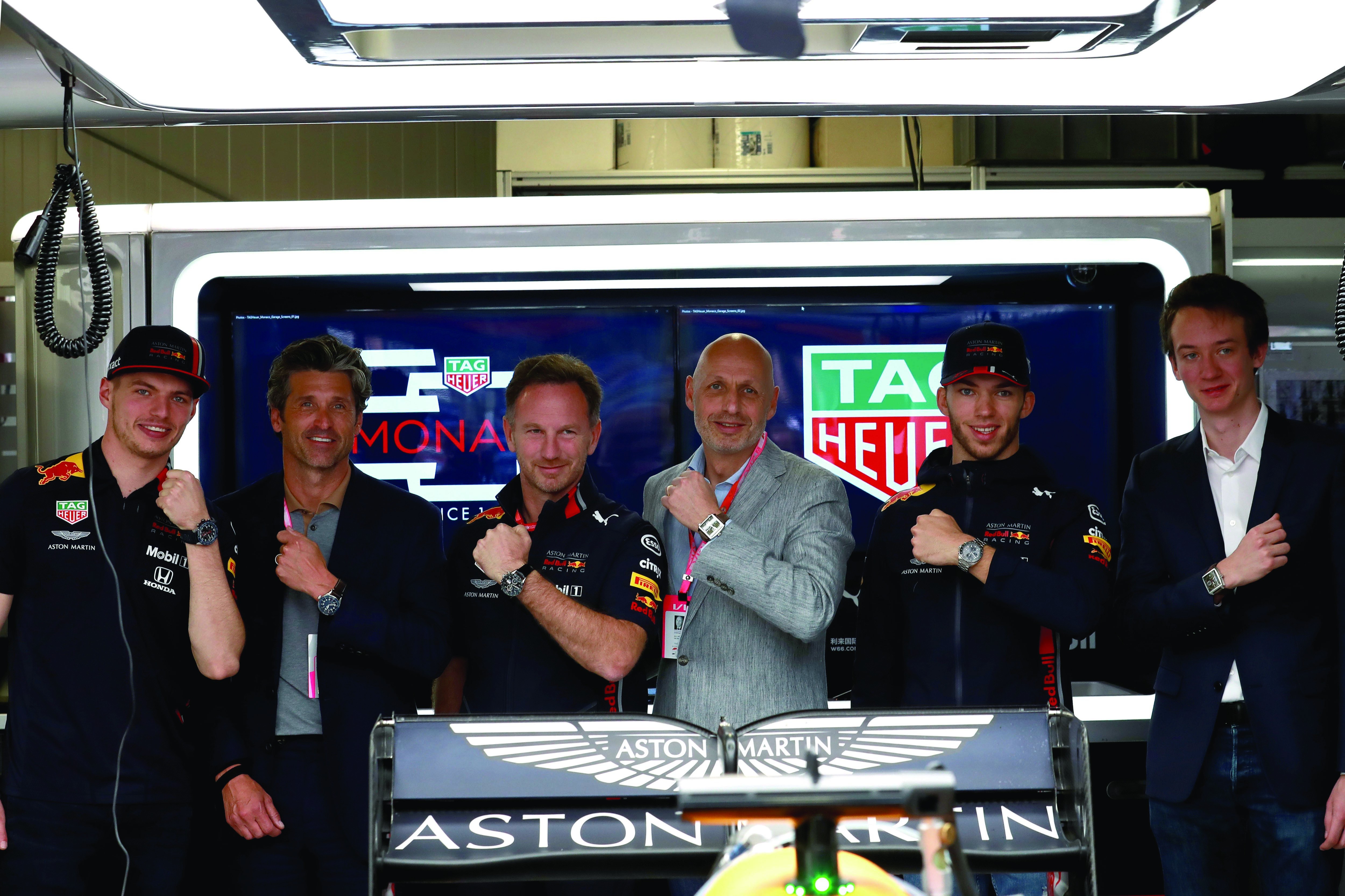 Max Verstappen, Patrick Dempsey, Christian Horner, Stephane Bianchi, Pierre Gasly e Frederic Arnault. (Foto: Divulgação)