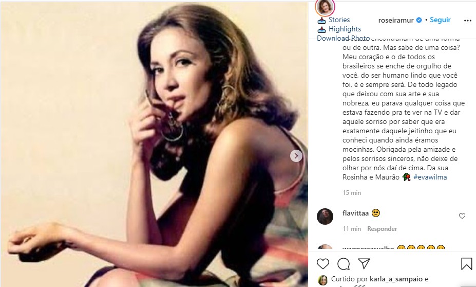 Rosamaria Murtinho se despede de Eva Wilma (Foto: Reprodução Instagram)