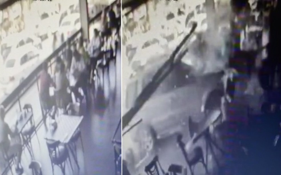 Mesa com clientes é atingida por carro em restaurante — Foto: Reprodução/TV Anhanguera