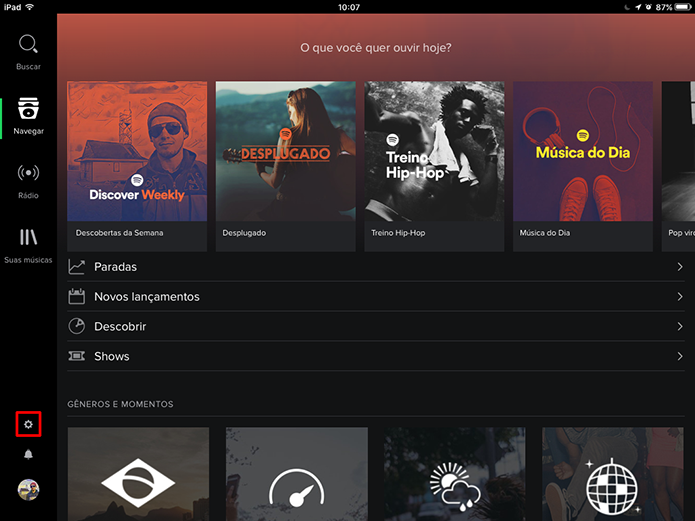 Spotify pode ter sessão privada ativada no tablet a partir da tela inicial (Foto: Reprodução/Elson de Souza)
