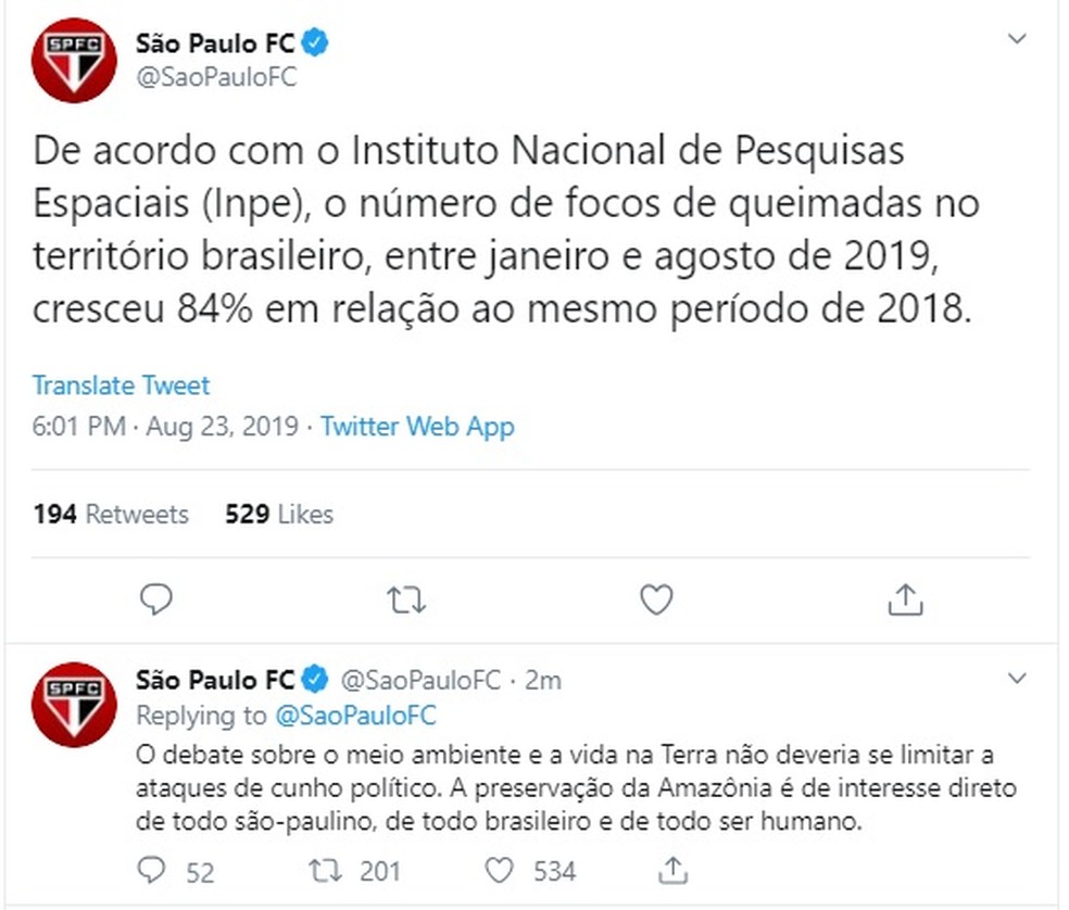 Em rede social, São Paulo se posiciona sobre aumento do número de focos de queimadas no território brasileiro — Foto: reprodução Twitter