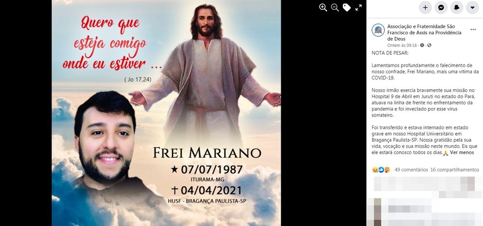 Associação e Fraternidade São Francisco de Assis lamentou a morte do frei Mariano — Foto: Reprodução/Facebook
