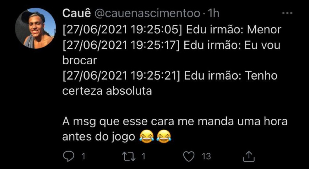 Irmão de Edu posta trecho da conversa com a "previsão" do gol — Foto: Reprodução