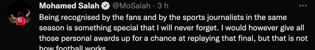 Salah agradece o reconhecimento dos fãs e jornalistas, mas diz que gostaria de uma segunda chance na final (Foto: Reprodução / Twitter)