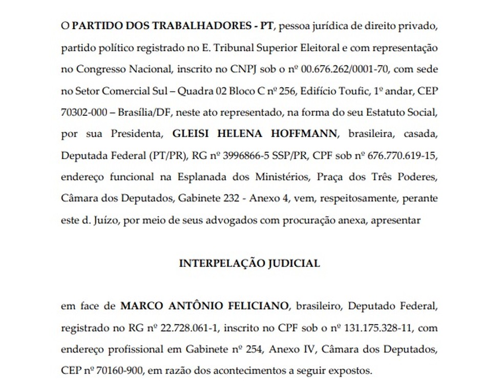 No documento, partido cobra que Feliciano apresente provas de suas falas — Foto: Reprodução