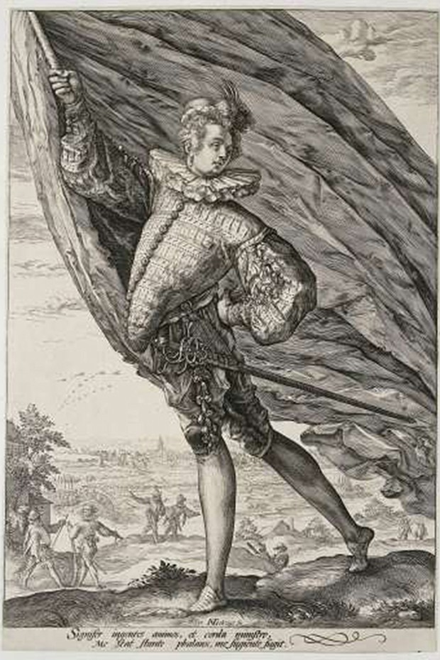 Standard bearer with breastplate to insinuate good posture, 1587, engraving (Foto: Rijksmuseum)