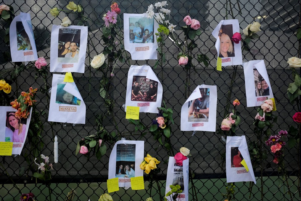 Foto de sábado (26) mostra memorial para as pessoas desaparecidas após desabamento de prédio em Surfside, perto de Miami, na Flórida. — Foto: Marco Bello/Reuters
