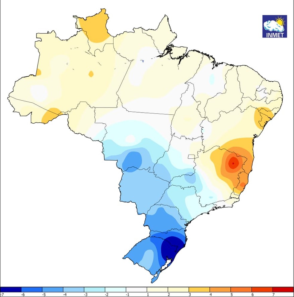 Mapa de anomalias climticas: tons em azul indicam em quais localidades as temperaturas mximas foram menores do que o esperado, tons em laranja indicam onde as mximas extrapolaram o esperado para a poca As mdias climatolgicas so computadas com base em 30 anos de dados.  Foto: Reproduo/Inmet