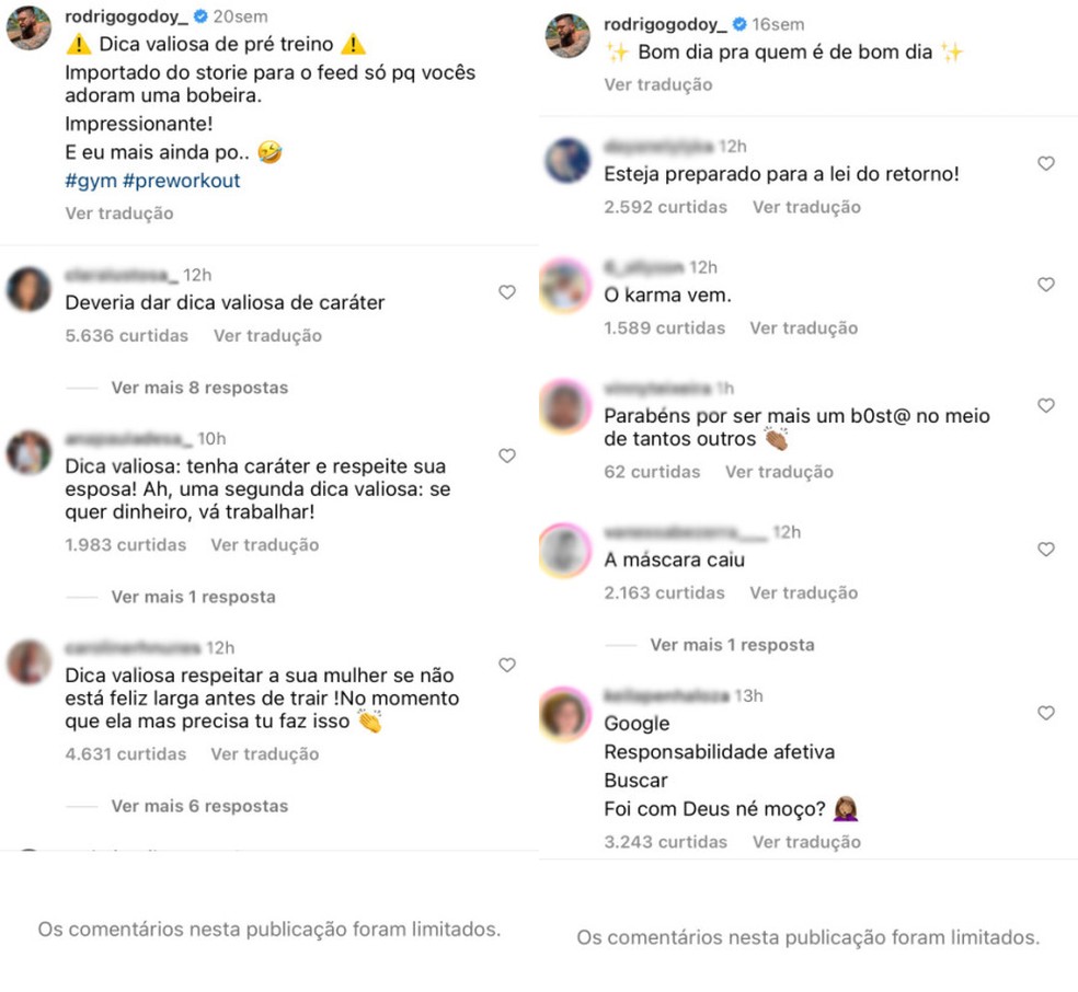 Rodrigo Godoy limita comentários  — Foto: Reprodução/Instagram