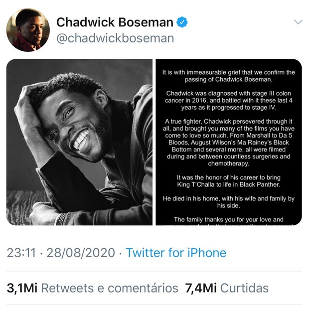 Anuncio da morte de Chadwick Boseman é o tweet mais 'curtido' da história  (Foto: Reprodução/Instagram)