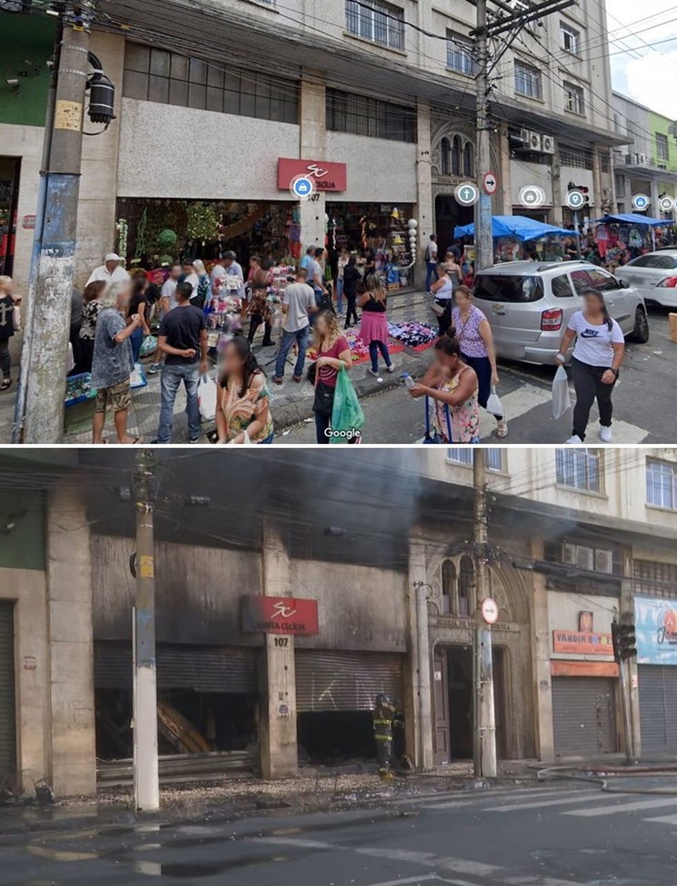 Comércio e igreja localizados na região da 25 de março antes e depois de incêndio iniciado neste domingo (10) — Foto: Reprodução/Google Maps; TV Globo