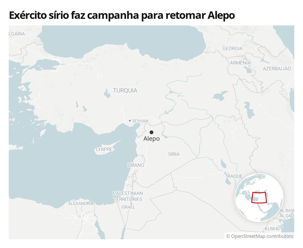 Mapa mostra a localização de Alepo, na Síria — Foto:  G1