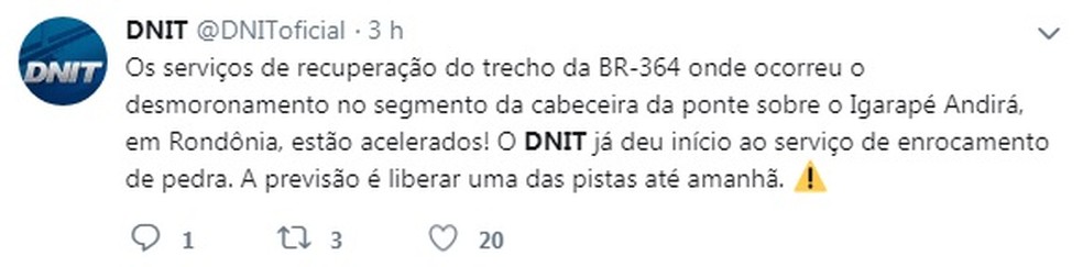 DNIT emite nota no Twitter sobre o caso e prev&ecirc; que meia pista seja liberada na sexta-feira (8).  &mdash; Foto: Reprodu&ccedil;&atilde;o