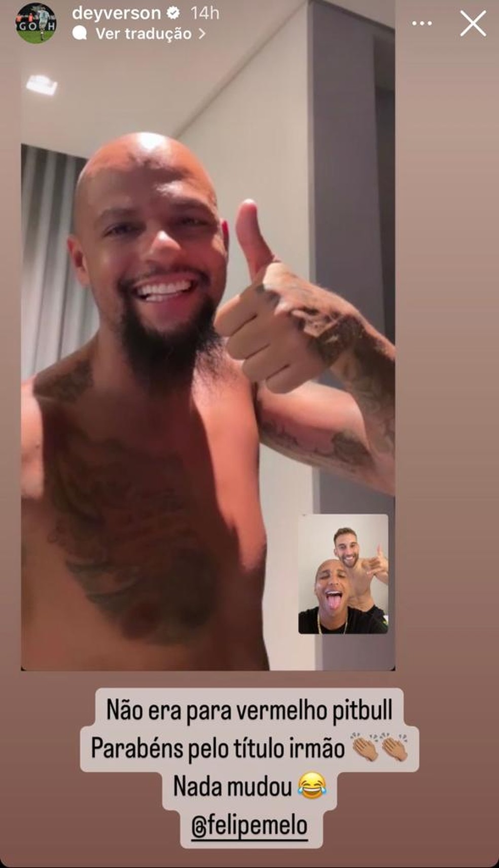 Deyverson parabeniza Felipe Melo por título da Taça Guanabara — Foto: Reprodução/redes sociais