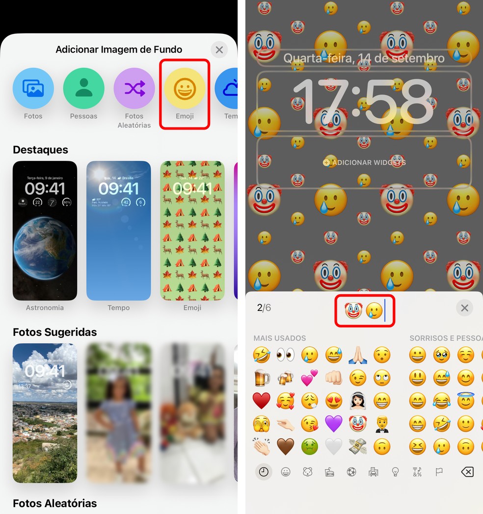 iOS 16 permite criar wallpaper com emojis — Foto: Reprodução/Rodrigo Fernandes