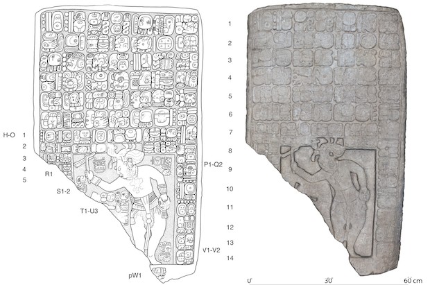 À esquerda, desenho da tábua encontrada no local. Certo, um modelo 3D do artefato. (Foto: Brown University/Brandeis University)