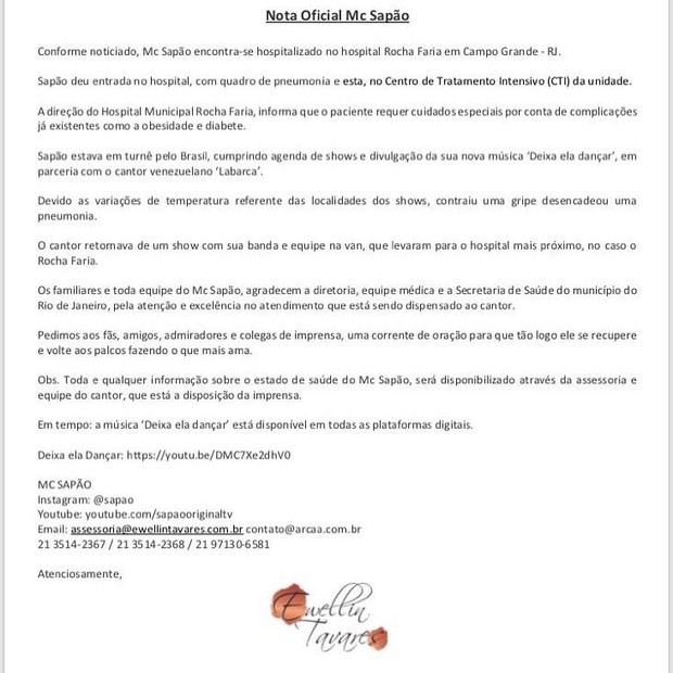 Nota da hospitalização de MC Sapão (Foto: Reprodução/Instagram) Nota da hospitalização de MC Sapão (Foto: Reprodução/Instagram)